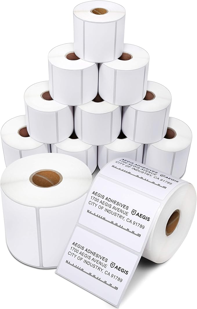 Aegis Adhesives - 3" X 2" Direct Thermal Labels (8400 Count, 12 Rolls) - Perforated Product Price Barcode Stickers for Packaging and Shipping Labels - Compatible with Zebra and Rollo Printers