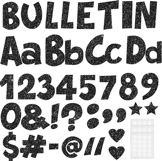Glitter Bulletin Board Letters for Classroom Numbers Alphabet Poster Board Letters with Adhesive Dots Punctuation Symbols Cutout Bulletin Display School (Black)
