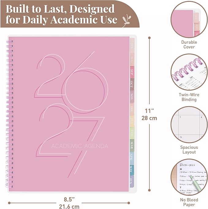 Rileys Academic Planner 2026-2027, Daily, Weekly & Monthly Planner, July 2026 - June 2027, Student Notes Pages, Twin-Wire Binding, Weekly Agenda for School & Work (8.5 x 11-Inches, Deco, Pink)