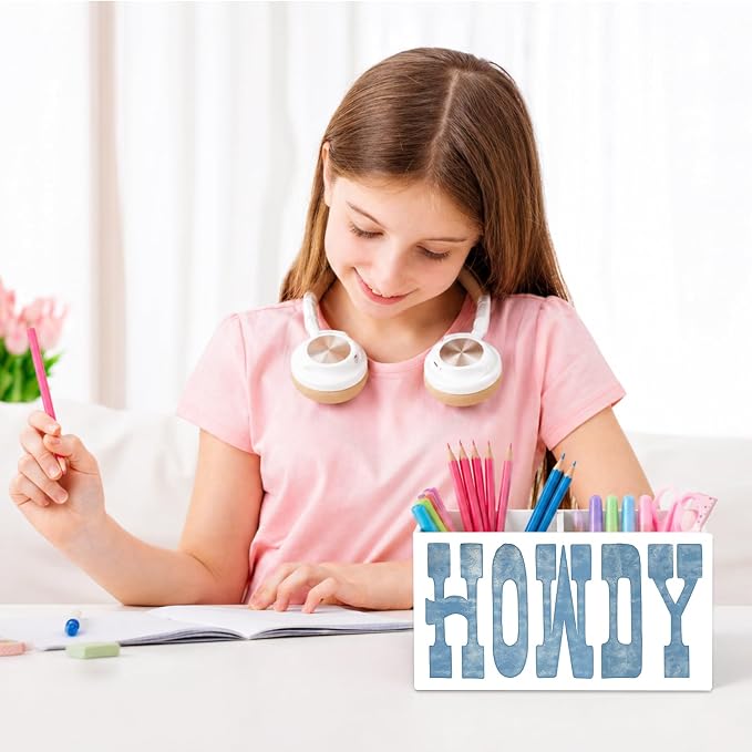 Blue Coastal Western Howdy Pen Pencil Holder for Desk Accessories Coastal Beach Office Decor, Coastal Cowgirl Decor, Western Decor Howdy Decorative for Home Bedroom Office Desk Tabletop