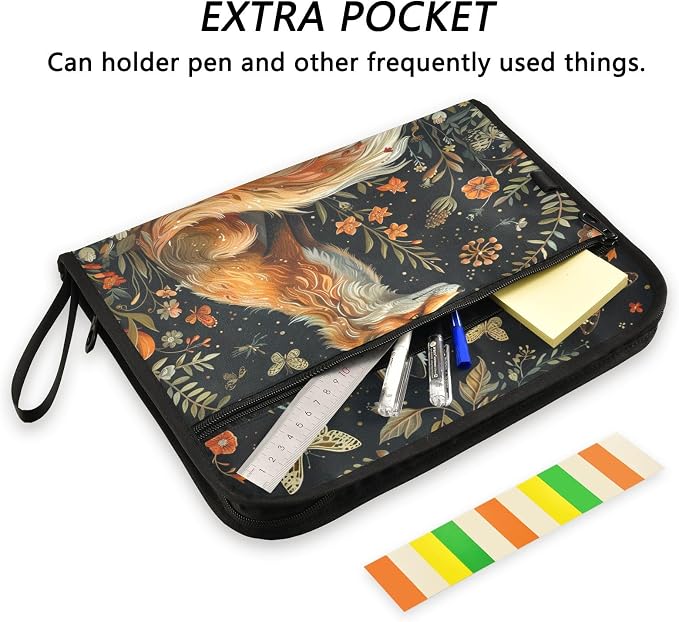 ALAZA Vintage Fox Butterfly Flowers Expanding Filing Folder, 13 Pockets Expandable Document Organizer Folder with Zipper Closure for Home Office A4 Letter Size Paper Document