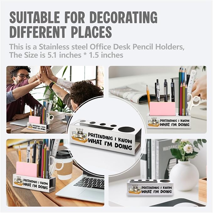 FOKCBOCM Funny Office Pen Holder with Raccoon Design, Stainless Steel Desk Organizer Gift for Coworker, Impostor Syndrome Humor Workspace Decor, Sarcastic Desk Accessory-DS121