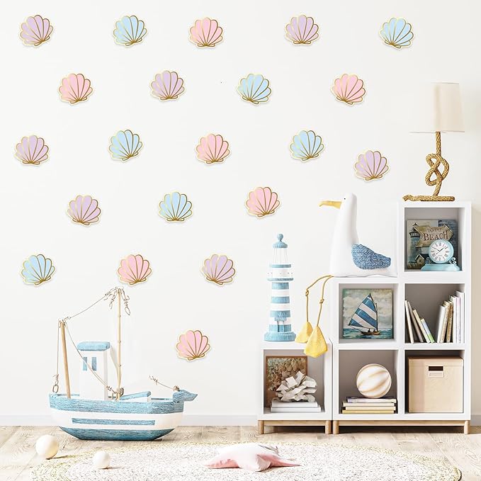 Whaline 48Pcs Seashell Cutouts Paper Cutting Pastel Pink Purple Blue Shell Cut-Outs with Gold Edge for Summer Sea Beach Party Supplies DIY Crafts