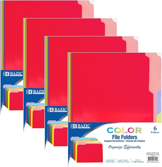 BAZIC Products Manila Folders, Manila File Folders 1/3 Cut Letter Size with Left, Right, Center Tabs – Letter Size for Organizing and Filing Documents, Office Folders, Assorted Color 24-Count