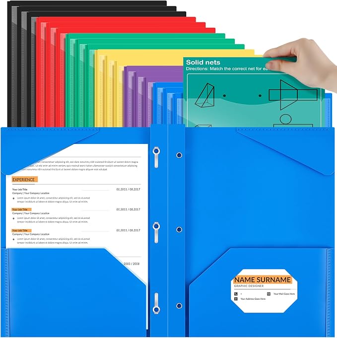 Henoyso 18 Pcs Plastic Folder with Clear Front Pocket and 3 Prong Plastic Folders with Card Slot Pocket Folders with Prongs for School Office (Colorful)