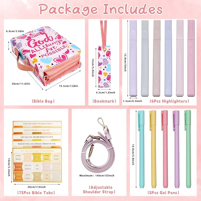 19PCS Pink Love Heart Leather Bible Cover for Women Bible Cover Cases for Teen Girls Christmas Gift Christian Church Carrying Bag Journaling Kit with Shoulder Strap Highlighter Pens Book & Marker