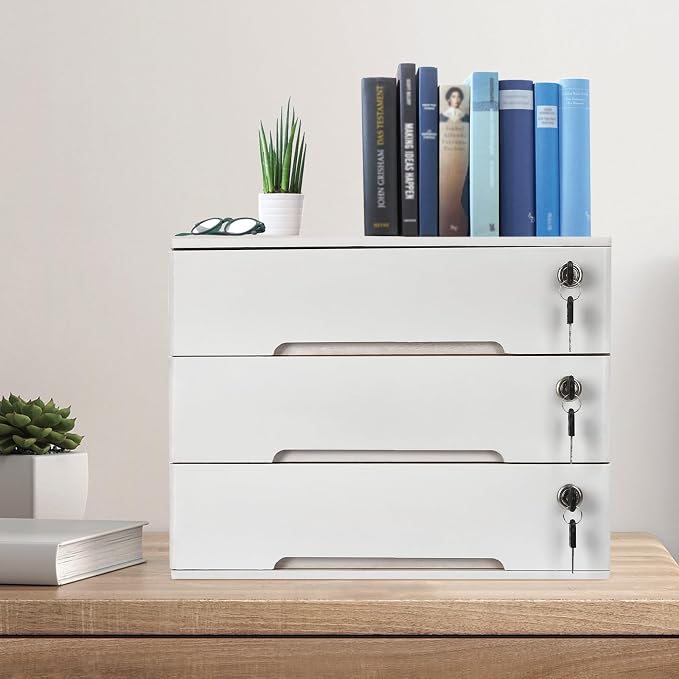 Wooden Desktop Storage Cabinet with 3 Lockable Drawers, Office Desk File Organizer, Small Wooden Storage Box for Home Office Supplies, Sewing Kits,White