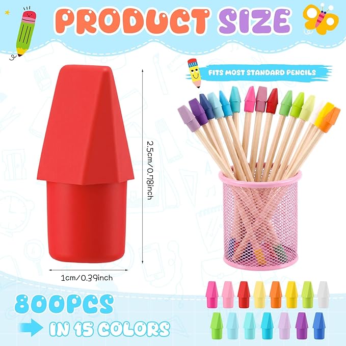 800 Pcs Pencil Top Erasers Bulk 15 Assorted Colors Pencil Cap Erasers Pencils Eraser Toppers for Writing, Home Office Supplies, Party Favor Bags, Game Prize Giveaways