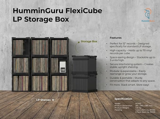 HumminGuru FlexiCube Vinyl Record Storage Box – Stackable Organizer for 12” Records, Holds 70 LPs | Modular Vinyl Shelf & Collapsible Storage Crate. Durable & Portable Space-Saving Design (3 Cubes)