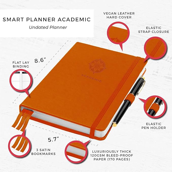Smart Academic Planner - A5 Size 8.6 x 5.7 inches - Undated Daily Planner for School - Daily, Weekly, and Monthly Scheduling - Student Planner for Maximizing Focus and Productivity (Orange)