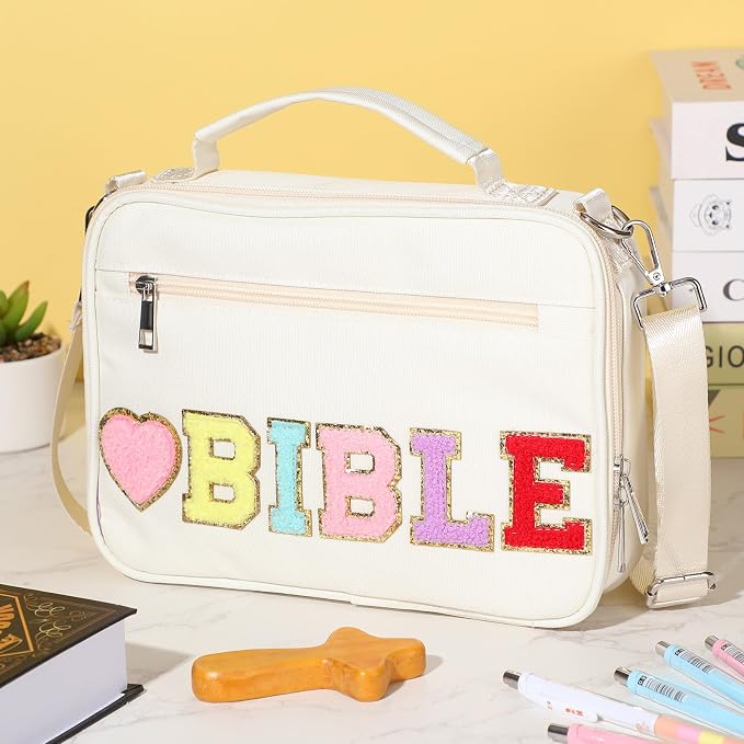 Silkfly White Bible Cover Case Preppy Large Chenille Letter Church Bag with Shoulder Strap Handle Back to School Gifts Waterproof Christian Tote Bag for Women Teacher Bible Accessories