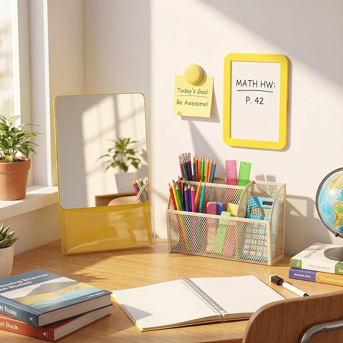 Fuyoooo Magnetic Locker Accessories Back to School Essentials Include Magnetic Mirror with Holder Magnet Mesh Pen Holder Small Whiteboard and Magnet for Office School Locker Organizer(Classic,Yellow)