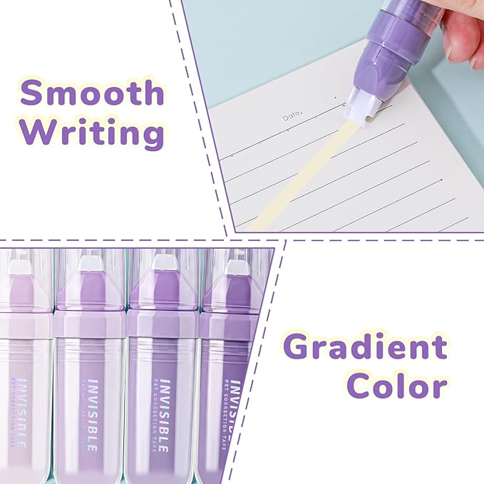 Temiary 4 Pcs White Correction Tapes, Beige Core Smooth Pull Out for Writing, Aesthetic Cream Correction Tape Gradient Set, Quick Dry Applicator for Students School Office Supplies (Purple)