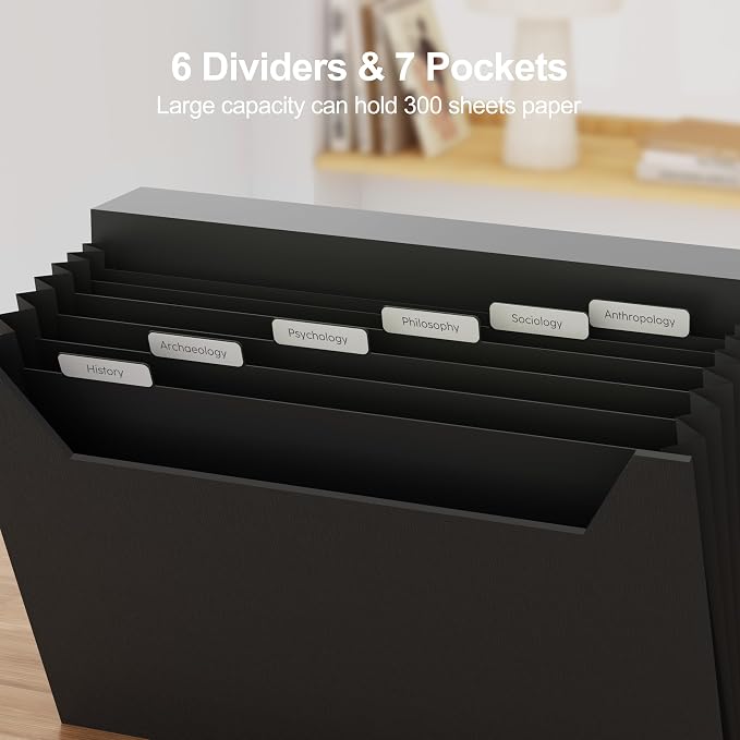JiaWei Expanding File Folder with Pockets, Black Accordian Filing Folder with 7 Pockets Magnetic Closure A4 Letter Size Documents Folder Organizer with Labels.