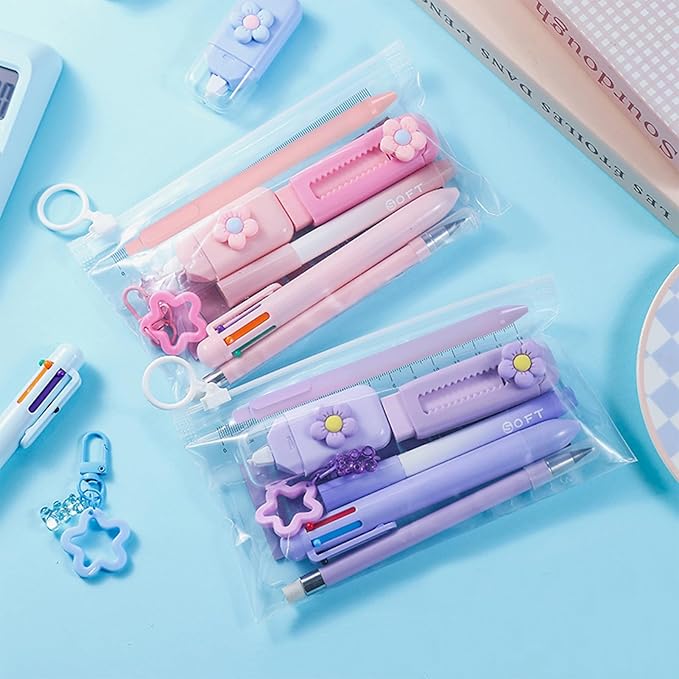 MOZXIRZ 7 Pcs Cute Purple Stationery Set for Women Office Supplies Back to School Supplies Kawaii Stationery Gift Including Pen Pencil Eraser Highlighter (Purple)