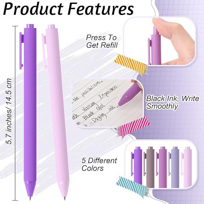 Crtiin 30 Pcs Gel Pens Bulk, 0.5mm Fine Point Black Ink Pens, Retractable Smooth Writing Quick Dry, Colored Aesthetic for School Office Journaling Teacher Appreciation Mother Day (Purple Series)