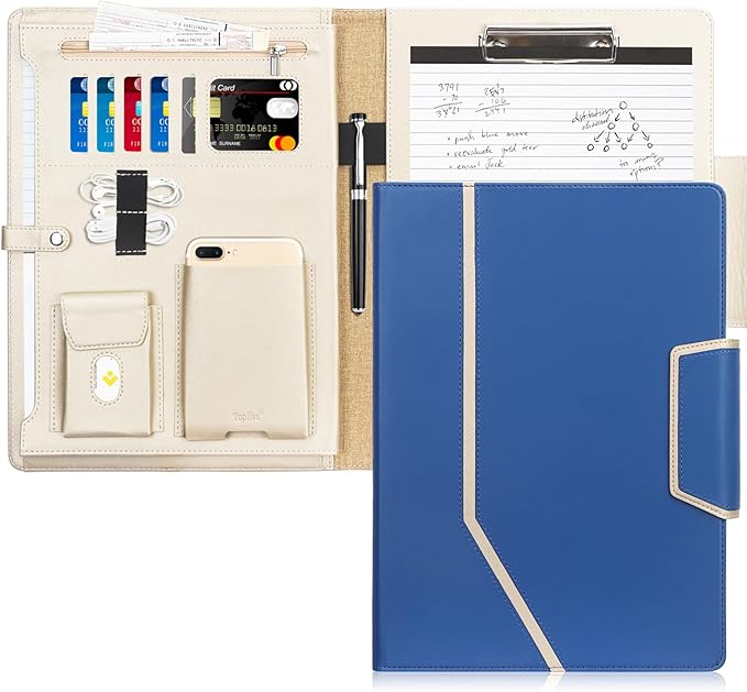 Toplive Blue A4/Letter Size Business Padfolio with Clipboard, Document Sleeve, Card Holders & Organizers