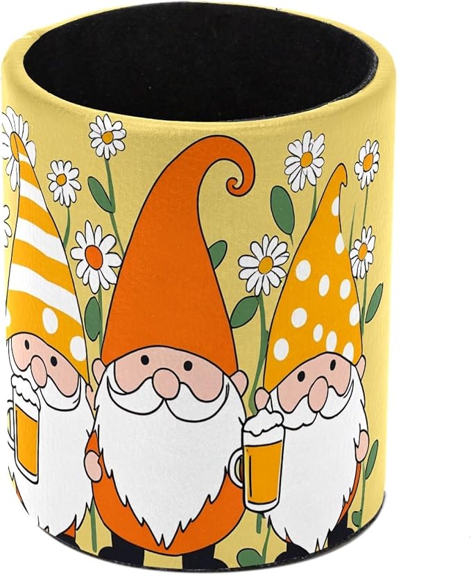 Gnomes Daisy Pen Holder Pencil Organizer Cute Pencil Cup Desk Decor Makeup Brush Holder PU Multifunctional Office Supplies for Home Classroom School