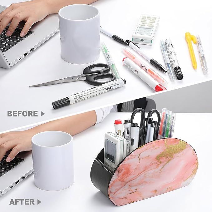 Pink And Gold Marble Pattern Remote Control Holder with 5 Compartments Leather TV Remote Caddy Remote Storage Box Desktop Organizer for Pen/TV Remotes/Media Controllers/Office Supplies
