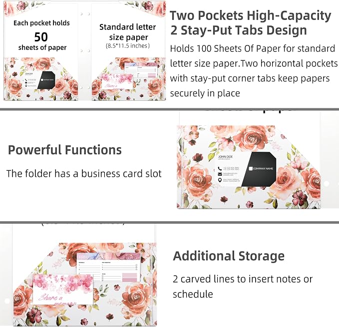 Ospelelf Folders with Pockets, Waterproof Plastic Folder with Two Fixed Corner Tabs and 2 Pockets Includes Business Card Slot, Includes Sticker, Fits 3 Ring Binder Holds 11" x 8.5", 6-Pack