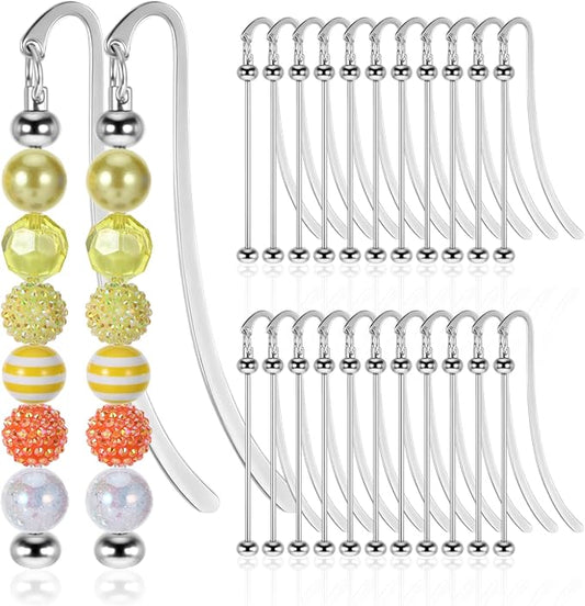 24 Pcs Beadable Bookmarks DIY Metal Bookmark Bar, Metal Beadable Blank Bar Beaded Bookmark Craft Jewelry Pendant DIY Modern, Charm Gifts for Book Lovers, Students, Teachers Office Supplies (Silver)
