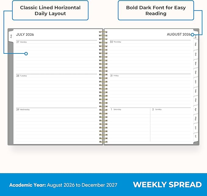 Blue Sky 17 Month 2026-2027 Weekly and Monthly Academic Year Planner Calendar, August 2026 - December 2027, 8.5" x 11", Flexible Cover, Wirebound, Laminated Tabs, Silver Metallic