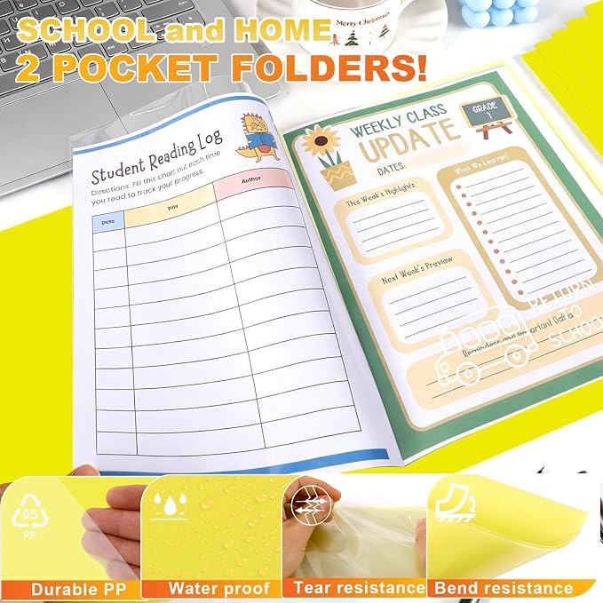 24 Pcs Back to School Take Home Folders for Elementary Students 2 Pocket Folders with Clear Front Pocket 4 Inner Pockets Plastic Parent Teacher Communication Folder 11.81 x 9.45 Inch (Yellow)