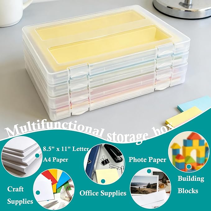 4 Pack Paper Storage Box, Plastic Scrapbook Paper Organizer for A4, 8.5" x 11" Letter, Board Game Storage Containers for File, Craft and Arts Supplies, Puzzle, Document, 8" x 10" Photo