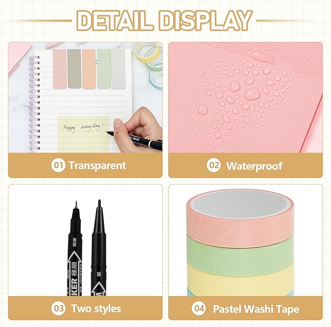 Sinload 60 Pcs Aesthetic Book Annotation Kit Pencil Case with Highlighter Gel Pen Mechanical Pencil Magnetic Bookmarks Transparent Sticky Note Tabs Mini Office Supplies(Cream Beige)