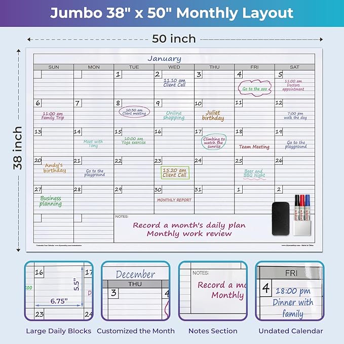 Large Magnetic Dry Erase Calendar for Wall, 38" x 50" Jumbo Monthly Planner, White Board Calendar for Office, Dual-Sided Magnetic Reusable