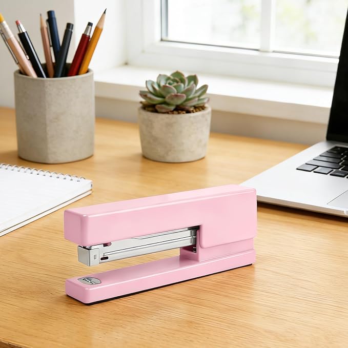 Stapler 25 Sheet Capacity with 830 Staples and Staple Remover, Full Strip Staplers for Desk, No Jam, Non-Slip for Office & School, Pink
