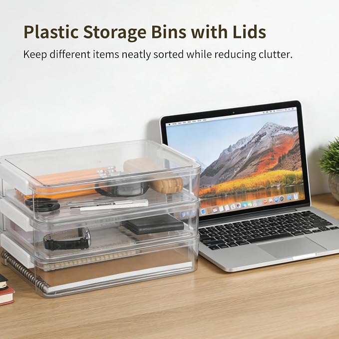 ZALIR 3PCS Plastic Storage Bins with Lids, Portable Stackable Clear File Box, Art Supply Storage Organizer, File Document Storage Boxes with Latches for Organizing A4 Paper, Letters and Crafts