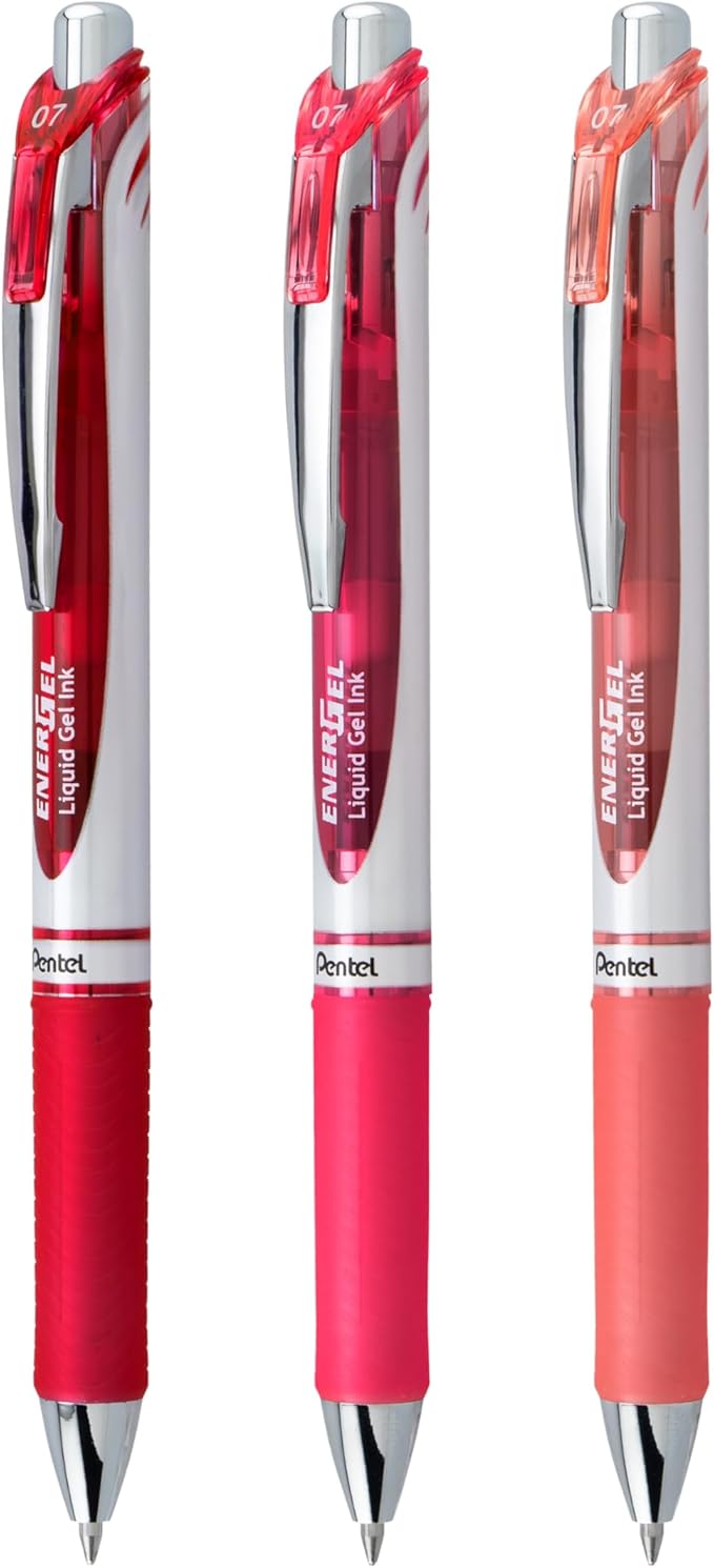 Pentel EnerGel RTX Retractable Liquid Gel Pen, 0.7mm, Journaling Hue, Red, Pink and Coral Ink, Pack of 3 Pens (BL77RBJBP3M)