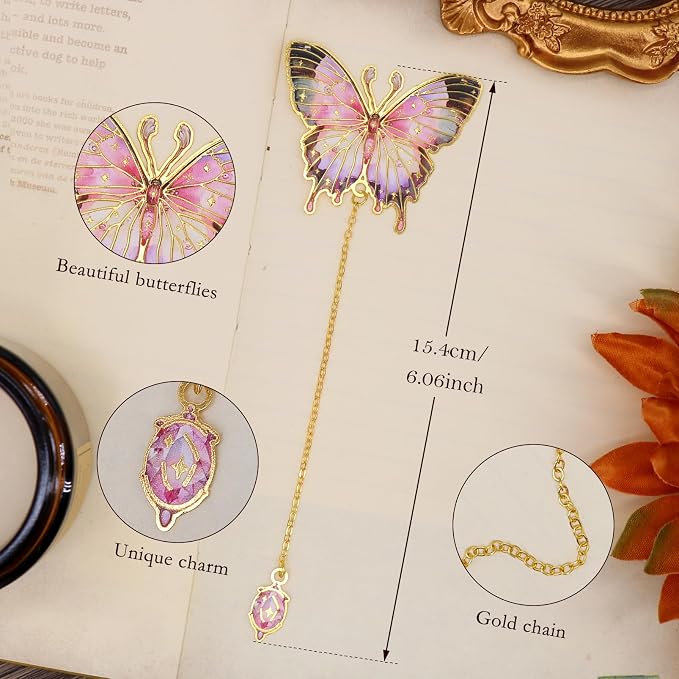 4pcs Butterfly Bookmarks for Women, Aesthetic Vintage Metal Bookmarks with Chain for Reading Women, Book Lovers, Unique Gold Butterflies Book Markers Gifts