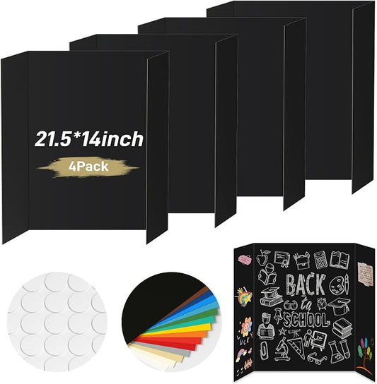 PSHVYM 4 Pcs Black Trifold Poster Board, 21.5 x 14 inches Poster Board with Double Sided Tapes and Cardboard, Corrugated Presentation/Display Board for School Project, Science Fair, Business