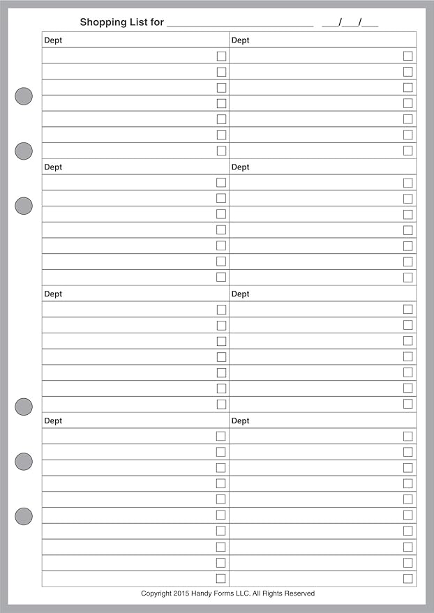 A5 Size Shopping List, Sized and Punched for6-Ring A5 Notebooks by Filofax, LV (GM), Kikki K, TMI, and Others. Sheet Size 5.83" x 8.27" (148mm x 210mm)