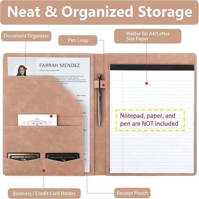 Professional Padfolio Portfolio Binder, Textured Embossing Faux Leather Folder Organizer for Letter Size Legal Pad Notepad Resume, Card Holder for Women Men Business Office Conference (Beige)