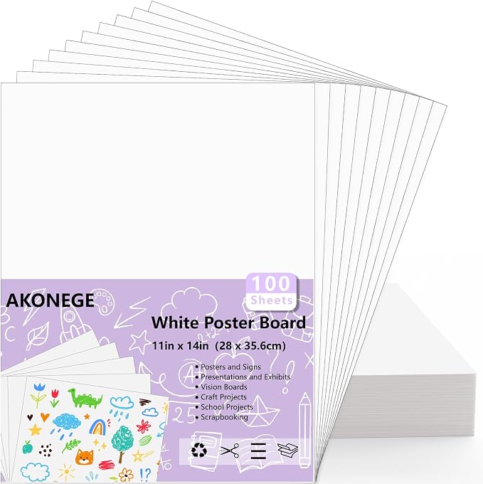 AKONEGE 100PCS Poster Board 11" x 14" White Poster Paper Bulk, 250GSM Thickness Vision Boards Blank Graphic Display Posterboards for School Arts Crafts Projects Drawing Office Presentations Supplies