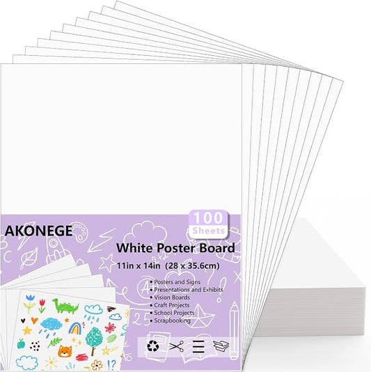 AKONEGE 100PCS Poster Board 11" x 14" White Poster Paper Bulk, 250GSM Thickness Vision Boards Blank Graphic Display Posterboards for School Arts Crafts Projects Drawing Office Presentations Supplies