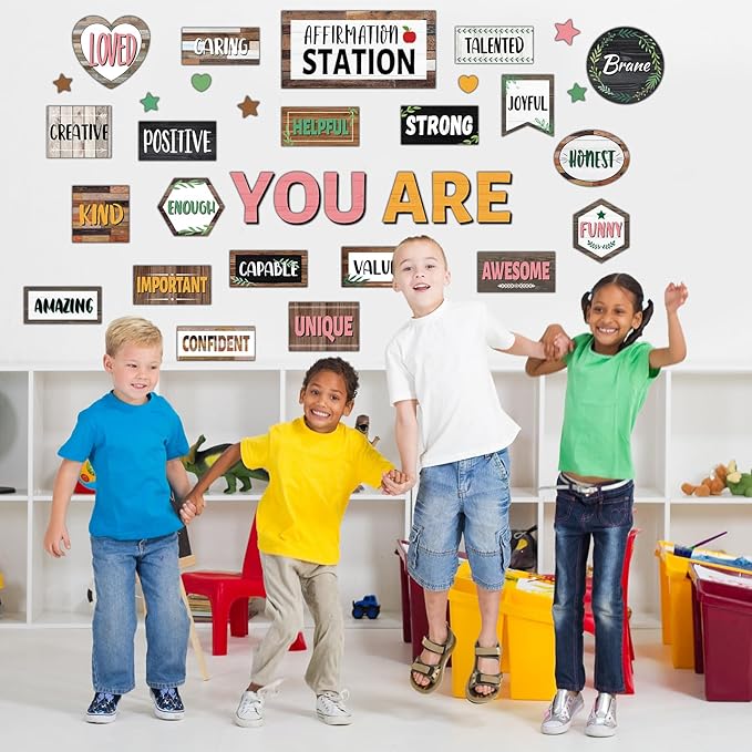 Classroom Affirmation Station Bulletin Board Set Motivational Bulletin Board for Classroom Door Decorations Wood Grain Mental Health Posters You are Positive Cutouts for Teachers School Wall Supplies