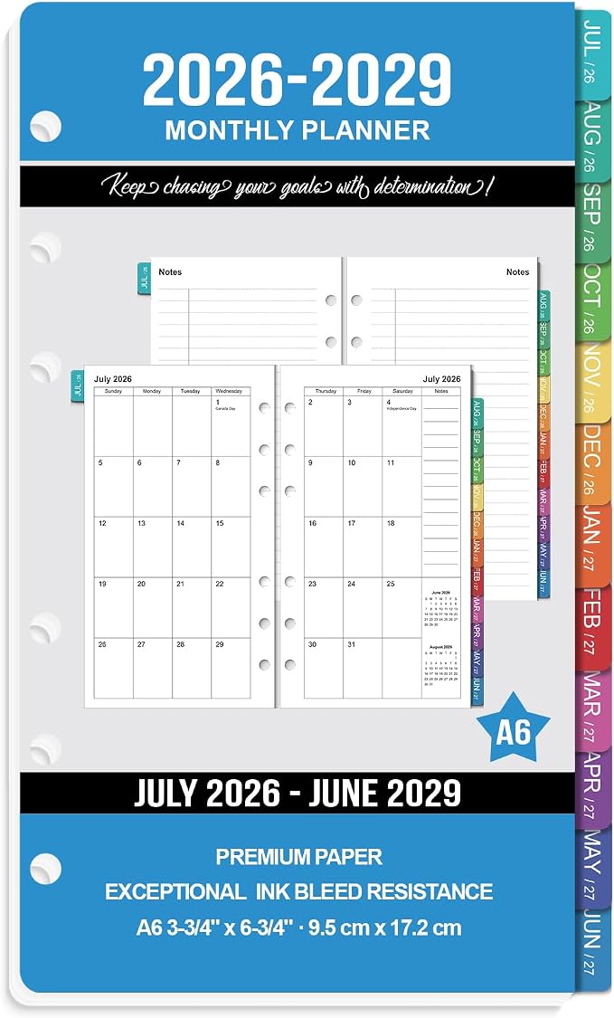 2026-2029 Monthly Planner Refills: 36 Months A6 Planner Inserts for 6-Ring Binder, July 2026 - June 2029, 6-Hole Punched A6 Binder Inserts, Calendar Inserts with Monthly Tabs, 3-3/4" x 6-3/4"
