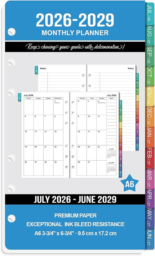 2026-2029 Monthly Planner Refills: 36 Months A6 Planner Inserts for 6-Ring Binder, July 2026 - June 2029, 6-Hole Punched A6 Binder Inserts, Calendar Inserts with Monthly Tabs, 3-3/4" x 6-3/4"