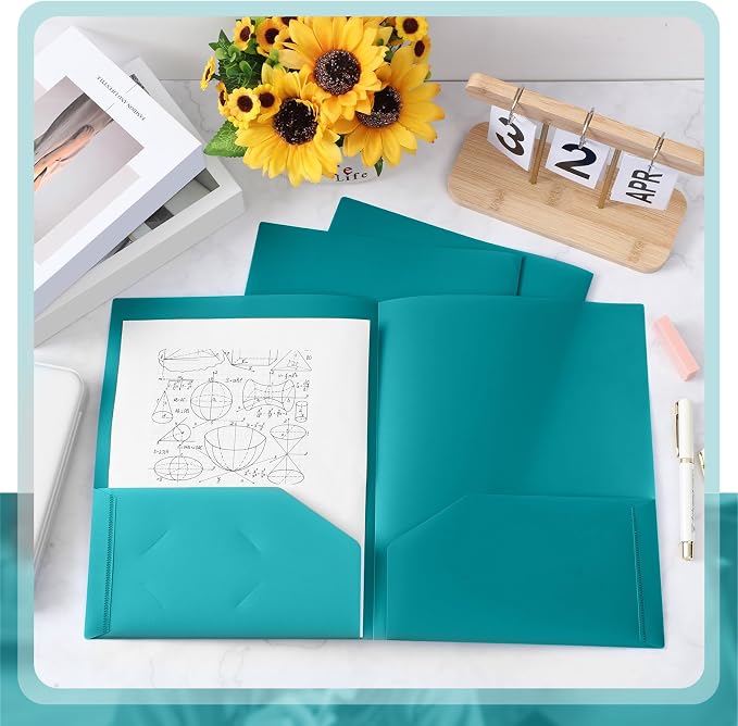Gueevin 100 Pack Plastic Folder with Pockets, 2 Pocket Folders, Plastic Glossy Folders Fit Letter Size Paper, Heavy Duty Durable File Folder with Business Card for Home Office School (Turquoise Green)
