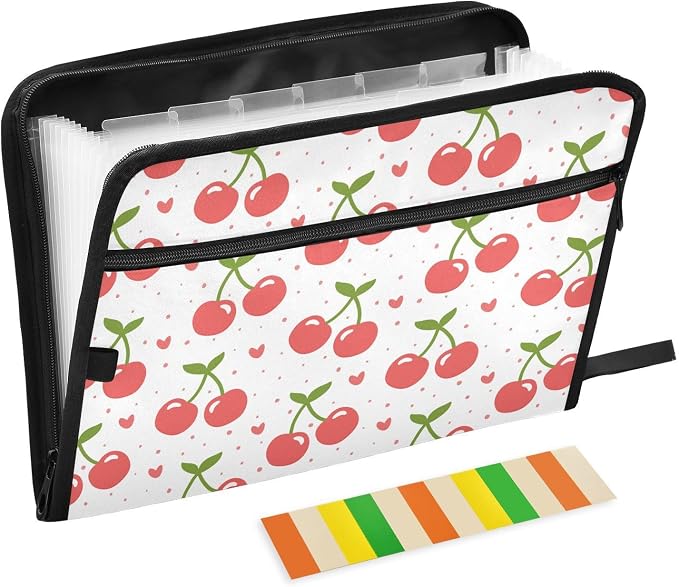 Cherry Fruit Heart Cartoon File Folders,Plastic Folders with 13 Pockets,Expandable File Folder for Documents School Students Office,Aesthetic Folder with Labels A4 Letter Size