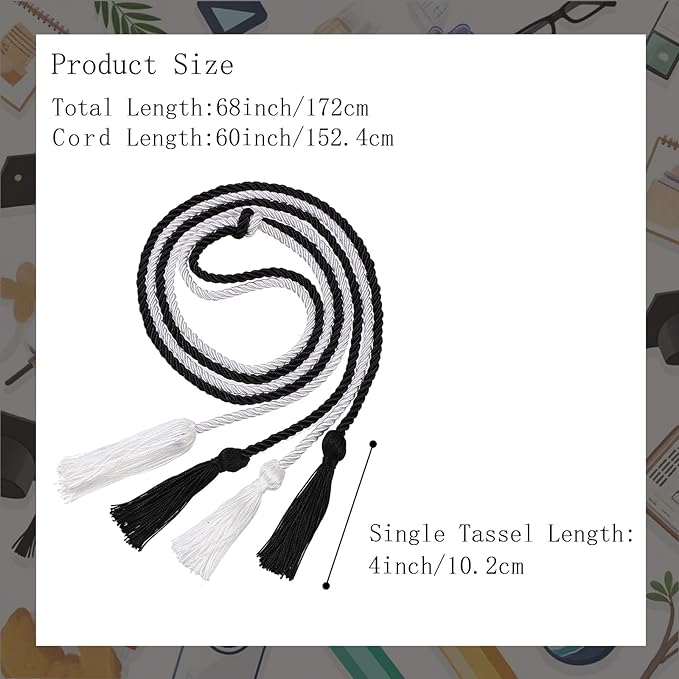 Graduation Double Honor Cords with Tassels Braided Academic Ropes for High School College Ceremony 68 Inch (Black+White)