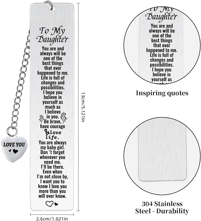 to My Daughter Inspirational Bookmarks -Daughter Gifts from Mom and Dad Metal Bookmark and Motivational Pen - Gifts for Daughters Adult, Graduation, Birthday, Christmas, Book Lovers Gift