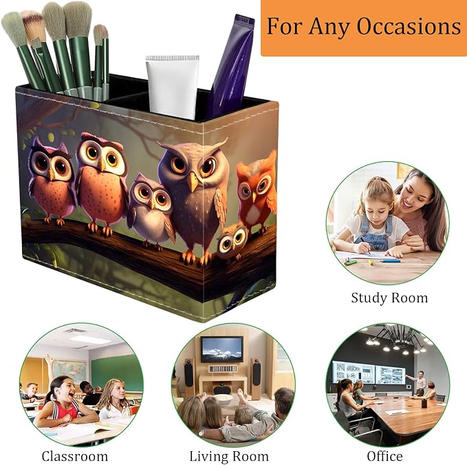 Pen Holder for Desk, PU Leather Multifunctional Desktop Storage Box and Anti-Slip Mouse Pad Set, Makeup Brush Holder Pen Organizer for Office and Home - Cute Owl