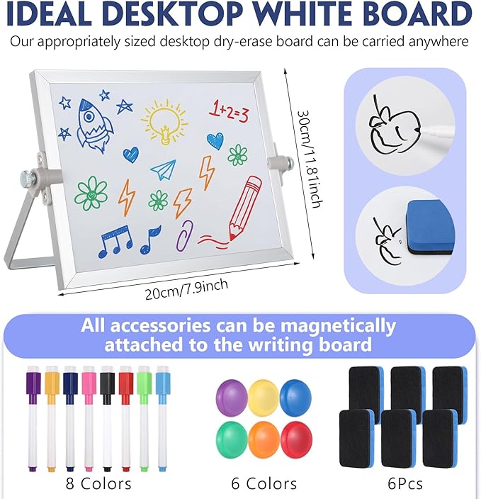 4 Pcs Small Dry Erase White Board with Stand 12 x 8'' Double Sided Magnetic Tabletop Whiteboard Mini Dry Erase Easel Board with 8 Markers 6 Magnets 6 Eraser for Drawing Office School Home
