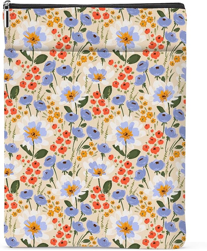 Watercolor Floral Pattern Book Lovers Gifts Waterproof Book Sleeve Book Pouch Book Protector with Zipper and Front Pocket BookCover Case for Women Girl Bride Sister Book Accessories Book Club Gifts
