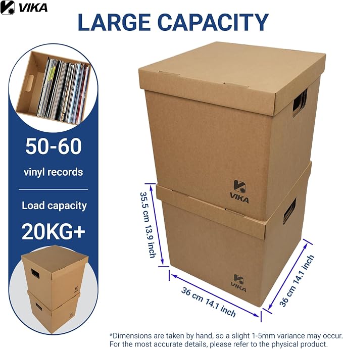 Vinyl Record Storage Box for 12" Records & Moving - Sturdy Cardboard with Removable Lid, Holds Up to 60 Vinyls/Laser Discs (Set of 8)